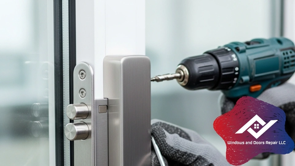 A permanent sliding glass door track repair in Dallas using a stainless steel cover.